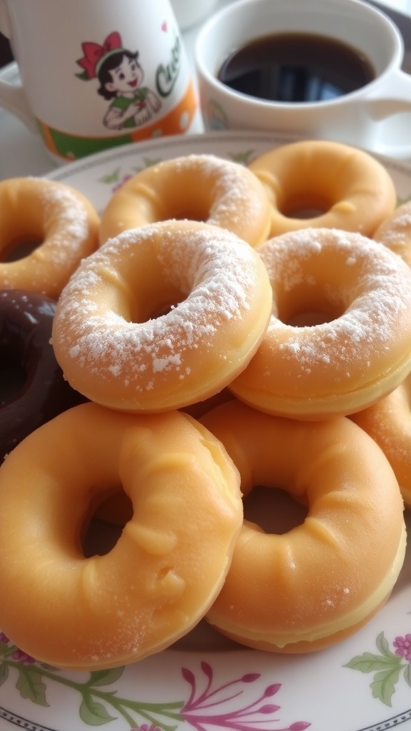 Easy Homemade Donut Recipe A plate of assorted homemade donuts, some with powdered sugar and others with chocolate glaze, on a table with coffee.